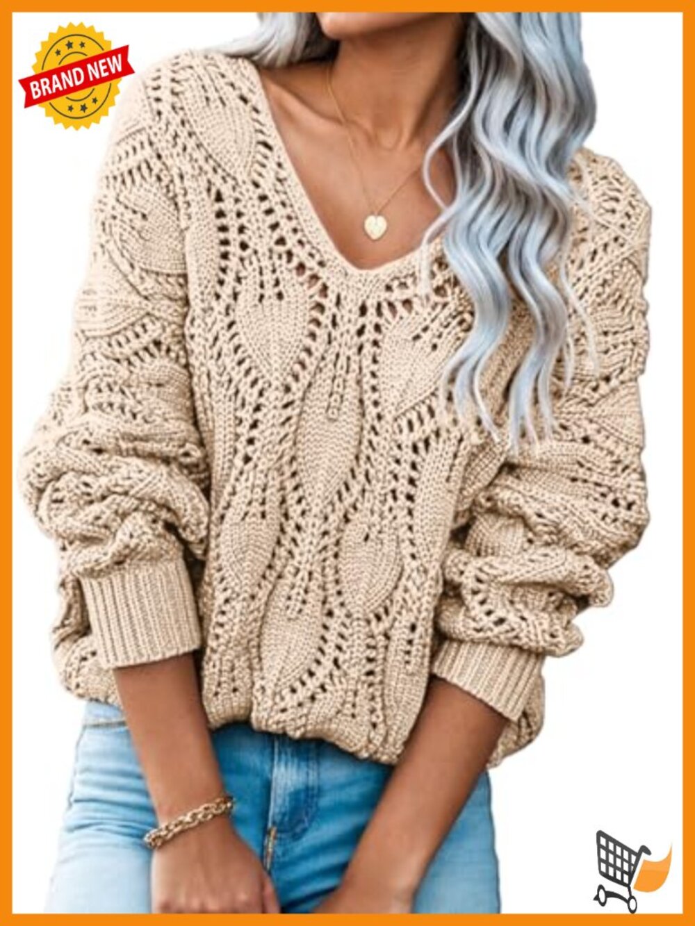 Women's Crochet Hollow Out V Neck Pullover Sweater Long Sleeve
